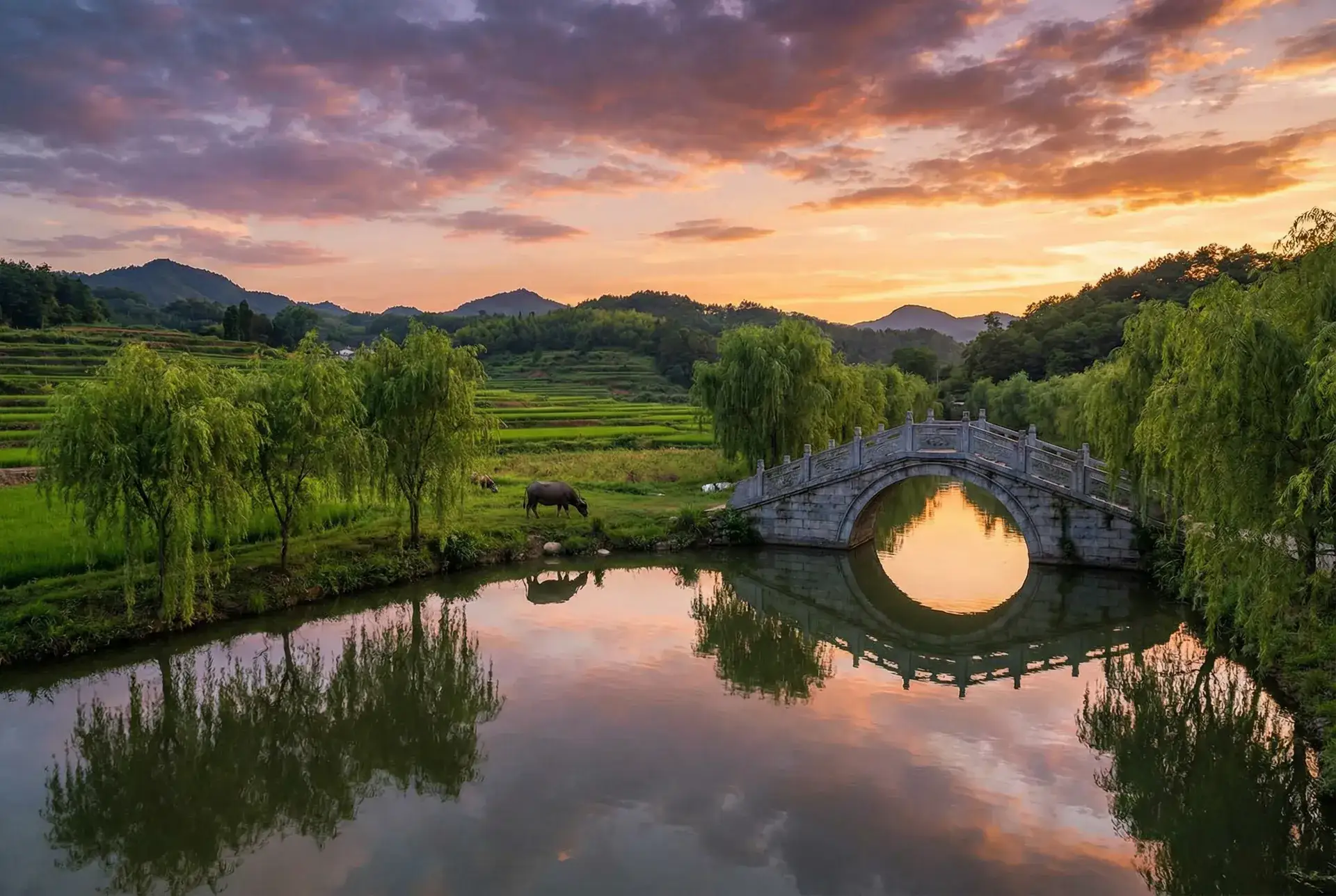 夕阳下的石拱桥与垂柳，水牛在河边吃草 - 水地狱下载 乡村美景